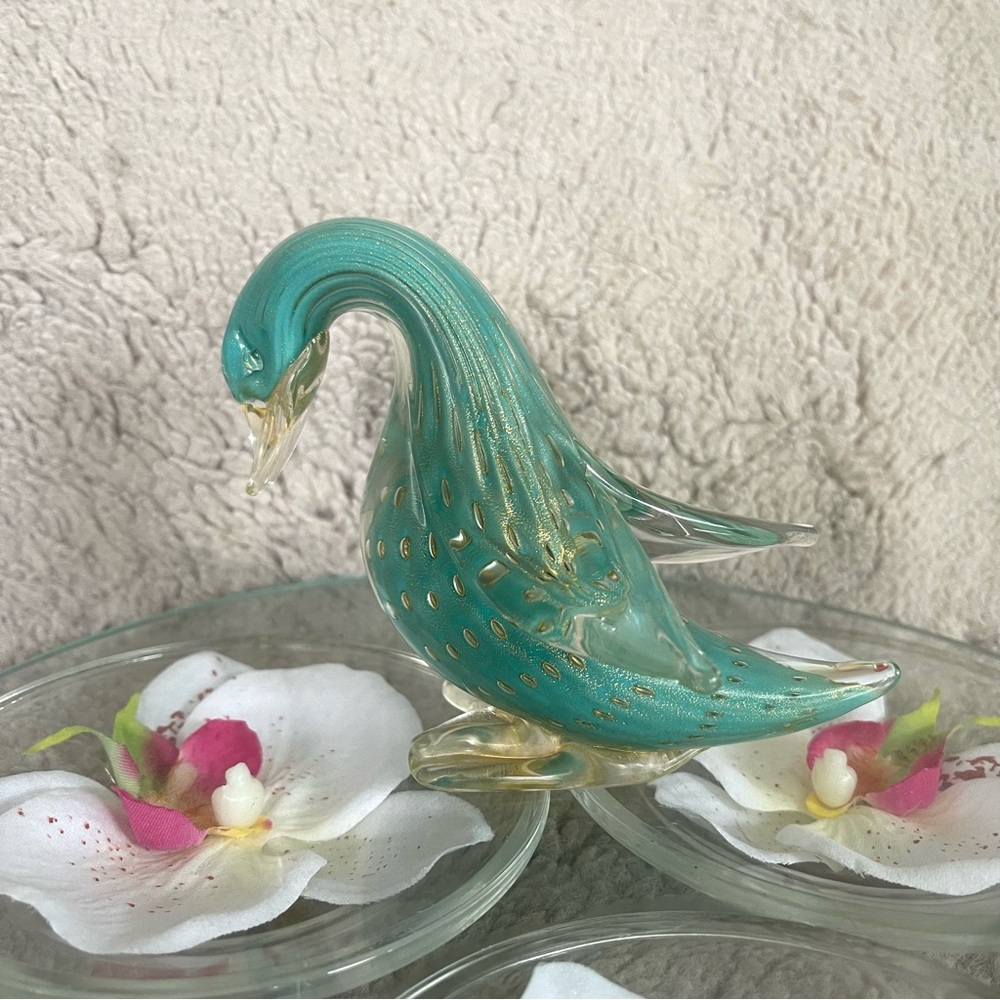 Murano Glass Green and Gold Glass MCM Bird Figurine